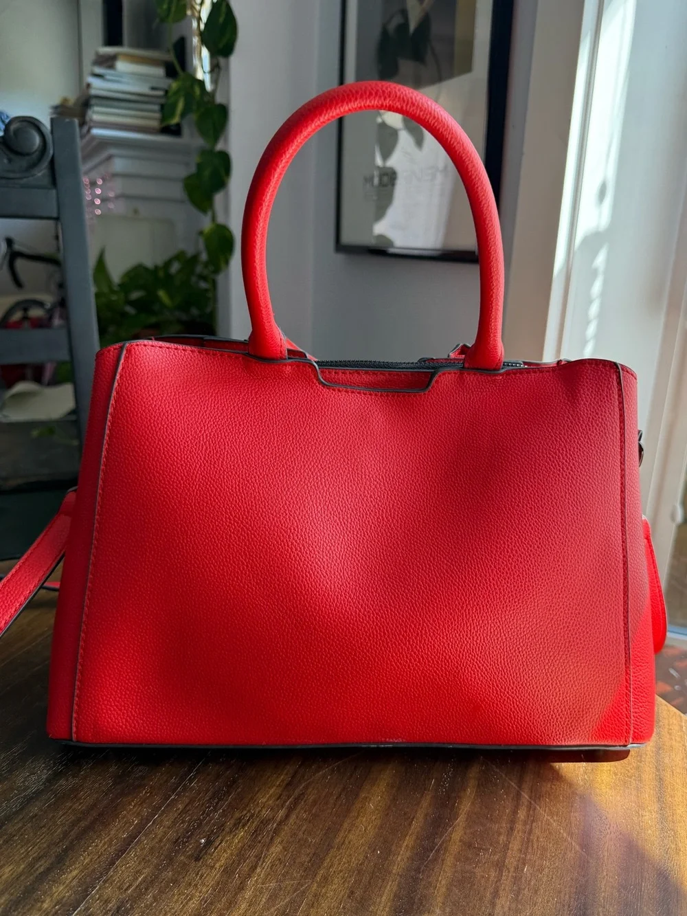 Red Pebbled Leather Satchel with Turn-Lock Accent